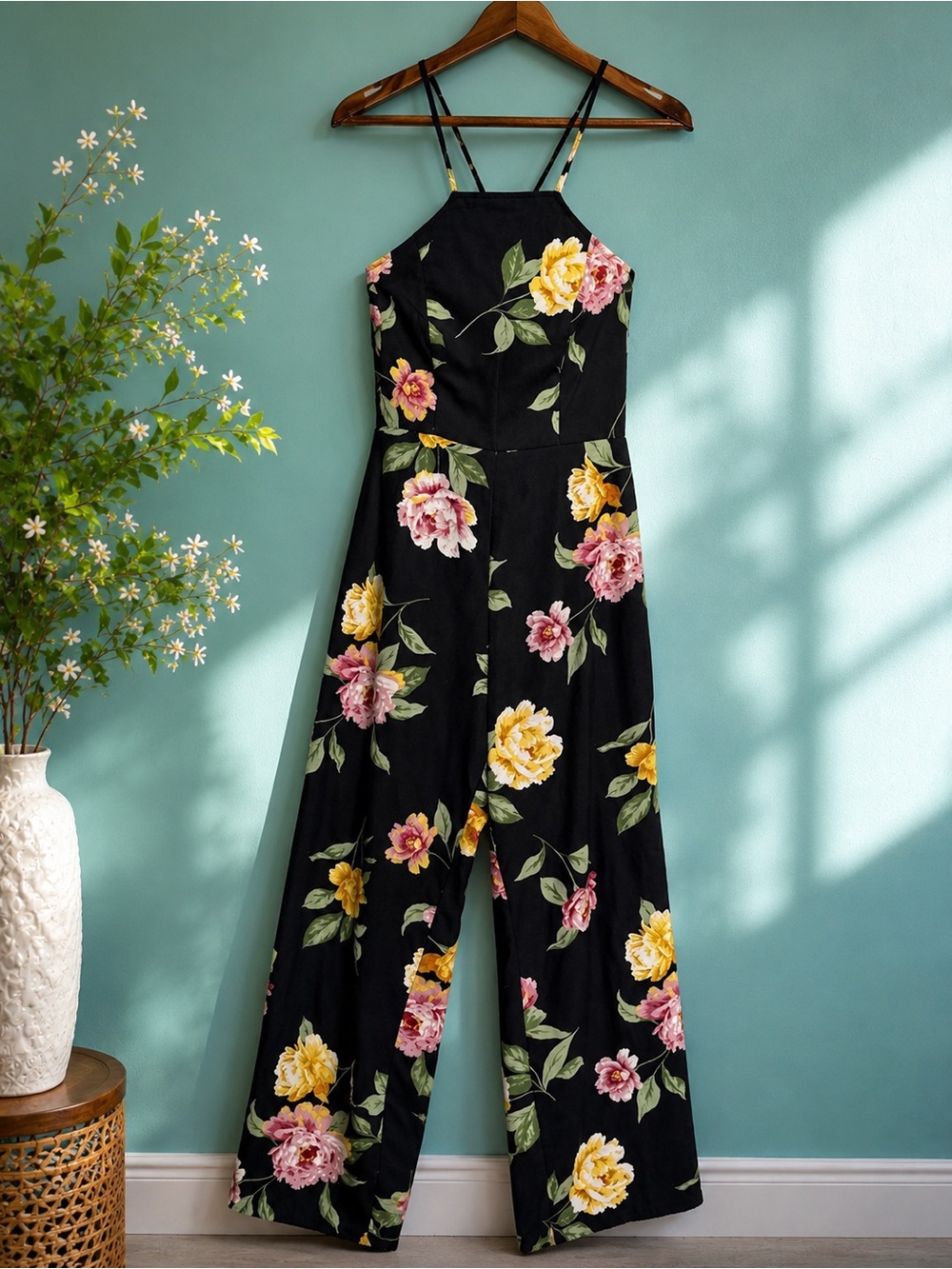 Urban Outfitters Black Floral Lace-Up Back Wide Leg Jumpsuit Romper Size S